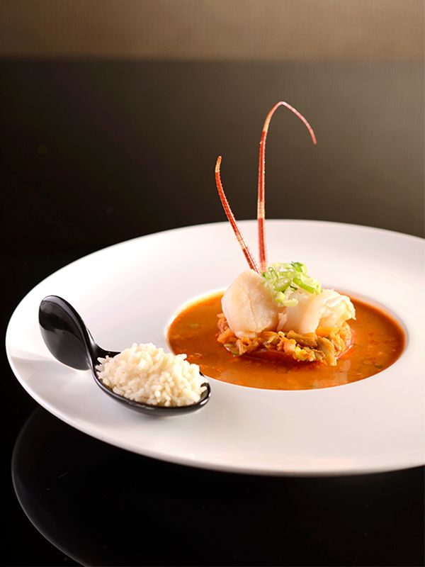 Prawn, Scallop, Crispy Rice, Lobster Bisque, Poached